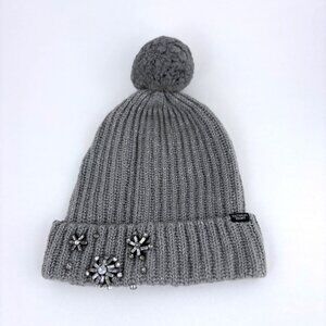 Victorias Secret Gray Knit Beanie With Pom & Rhinestone Snowflake Accents